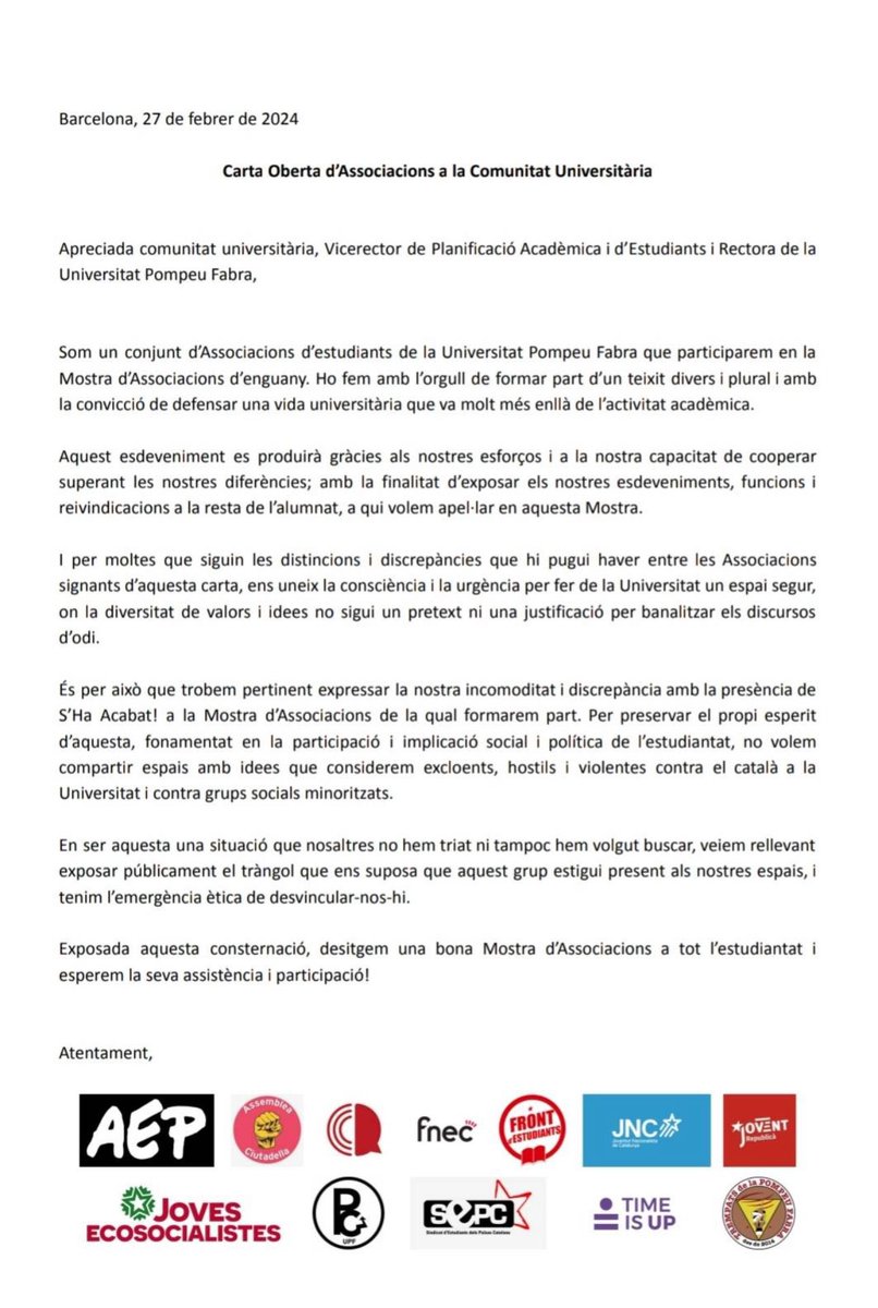 JoventRepublica's tweet photo. CARTA OBERTA 📝 | Rebutgem la participació de S’ha Acabat a la Mostra d’Associacions de la @UPFBarcelona 👇 https://t.co/s2Ne9395C3
