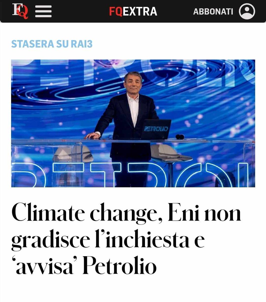 Questa sera su <a href="/RaiTre/">Rai3</a> nella prima puntata della nuova stagione della trasmissione di approfondimento giornalistico #Petrolio andranno in onda testimonianze sulla consapevolezza da parte delle grandi compagnie dell’oil&amp;gas, a partire dagli anni Settanta, dei danni che lo
