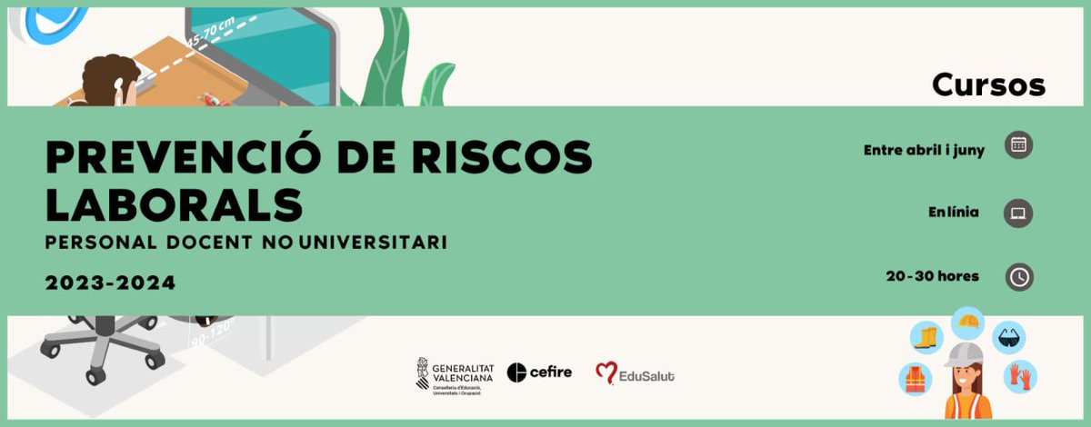 CEFIREambitEI's tweet photo. 🔵 Ja en inscripció el curs
 Formació en prevenció de riscos laborals especialitzada en Educació Infantil 

📆 Del 15 d'abril al 15 de maig

🖥 En línia

⏰ 20 hores

➕ Informació i inscripcions 👇
https://t.co/0jqlxtMKxA

@GVA_Cefire https://t.co/otNHfvbW71
