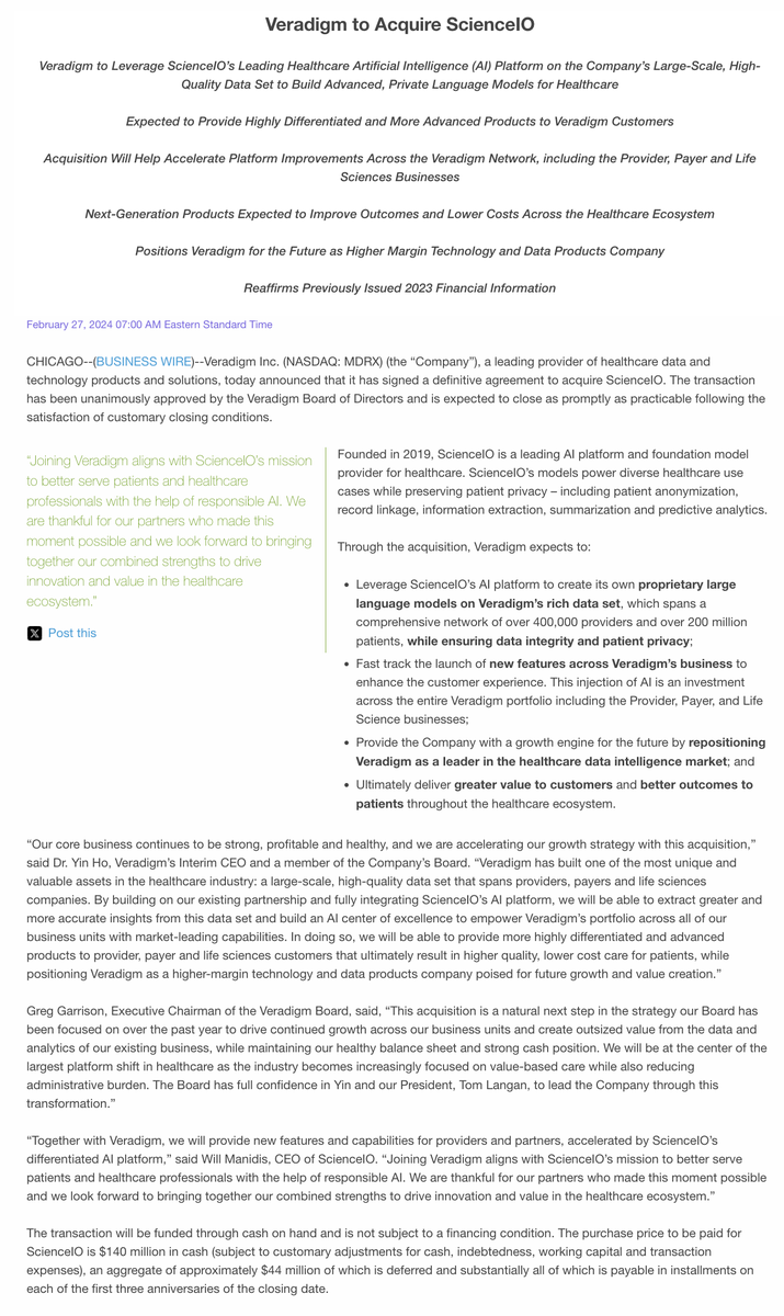 WillManidis's tweet image. ScienceIO has been acquired by Veradigm
Together, we are going to build the intelligence provider for the future of healthcare.