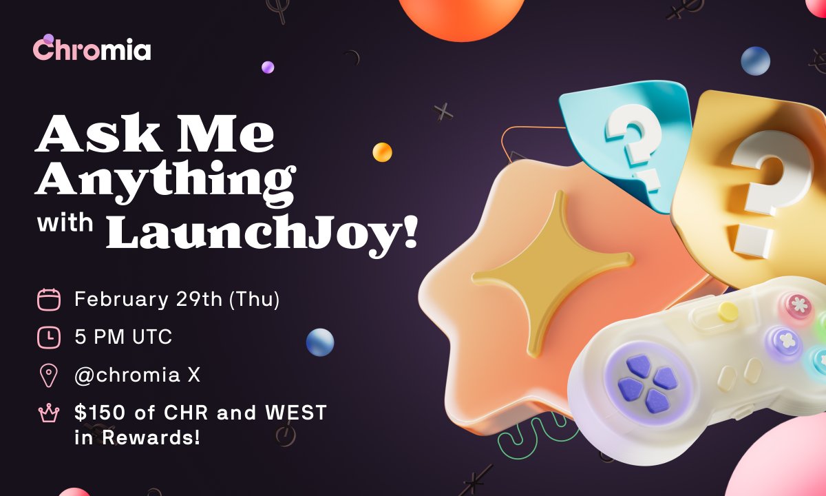 Chromia's tweet photo. AMA with @LaunchJoyGames 🎉

Join us on Thursday for an awesome AMA with LaunchJoy plus giveaways (read on for how to win)! 

Featuring 👀
@s_novozhylov LaunchJoy CEO 
@clairemaddrell Social and Community Lead

We will discuss 👇
- What LaunchJoy is and how it empowers gamers
- Their quests and how you can get involved
- What LaunchJoy brings to the #Chromia ecosystem
We also have $300 worth of prizes to give away!

$150 of $CHR between 6 winners who:
🔁RT this message
✅Follow @Chromia and @LaunchJoyGames
❓Ask a question on this post
And $150 of $WEST will be given out randomly

See you there! 💪

https://t.co/aJShep19KD