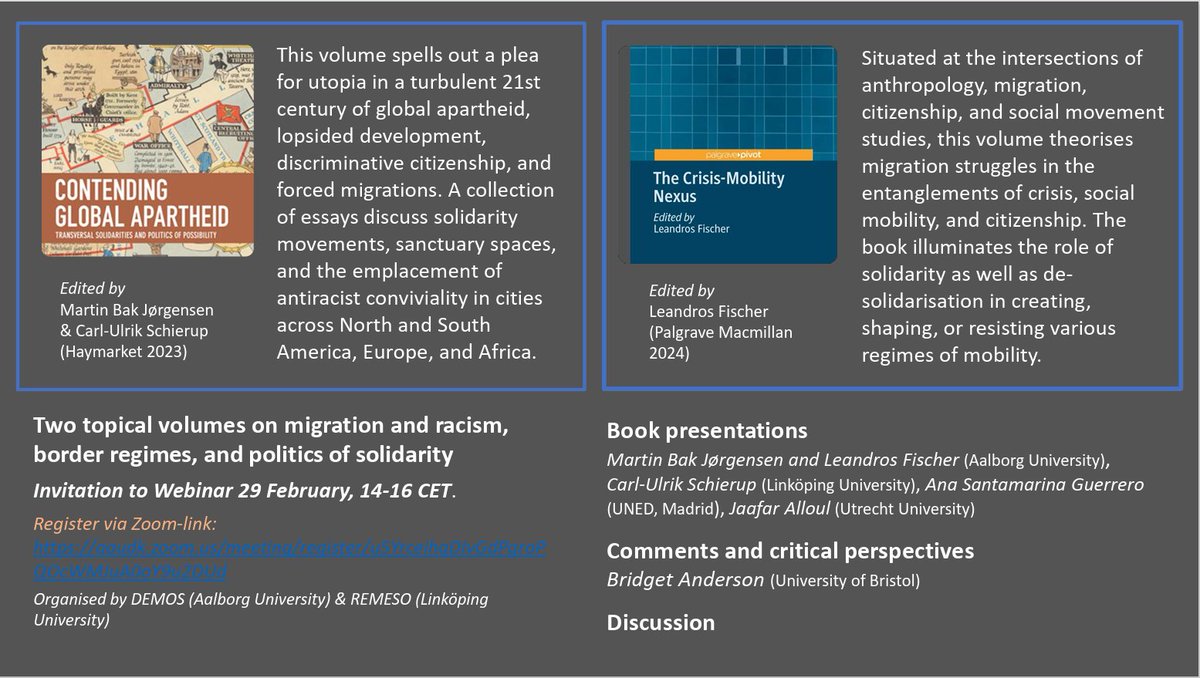 Remember to sign up for the online book presentation event, on February 29th, at 14-16 CET, with two topical volumes on migration and racism, border regimes, and politics of solidarity: aaudk.zoom.us/meeting/regist… This event is organised by DEMOS & REMESO