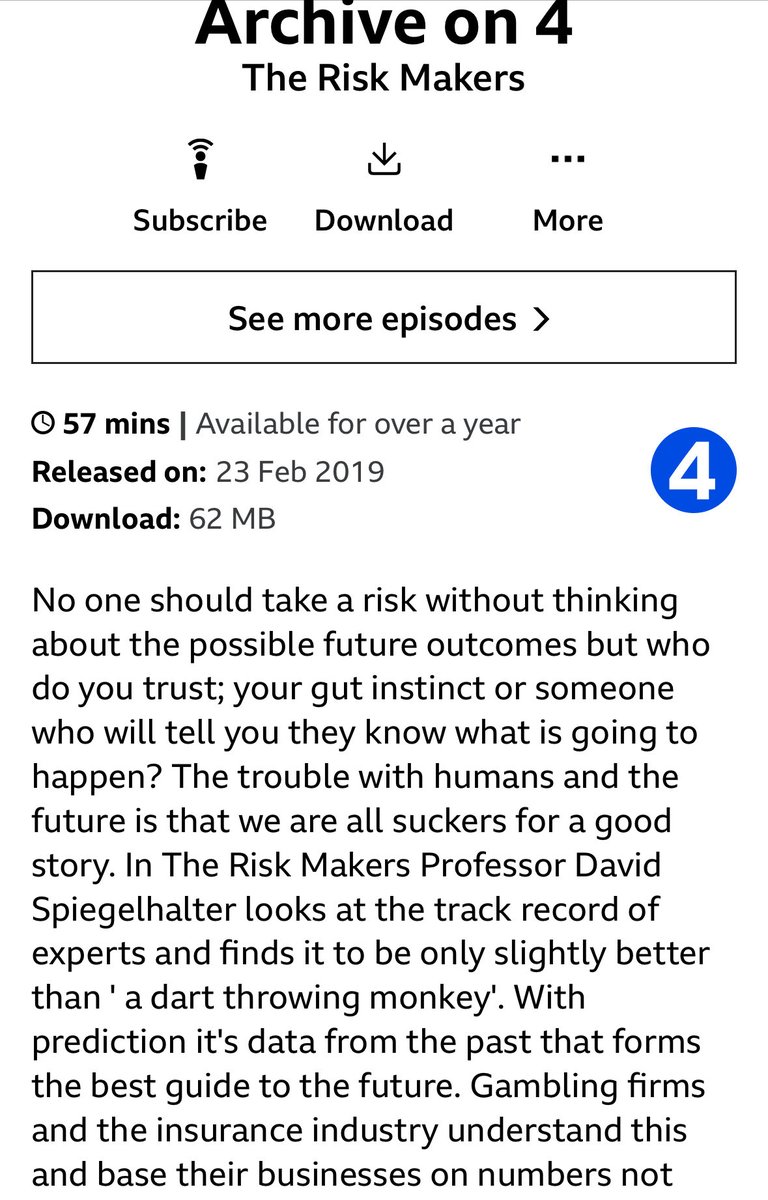 Excellent episode from David Speigelhalter on risk that was repeated on BBC radio 4 last week - contribution big data, importance of using probabilities (esp 39 mins onwards), who makes best predictions, value of combining human judgement w/ stat models: bbc.co.uk/programmes/m00…