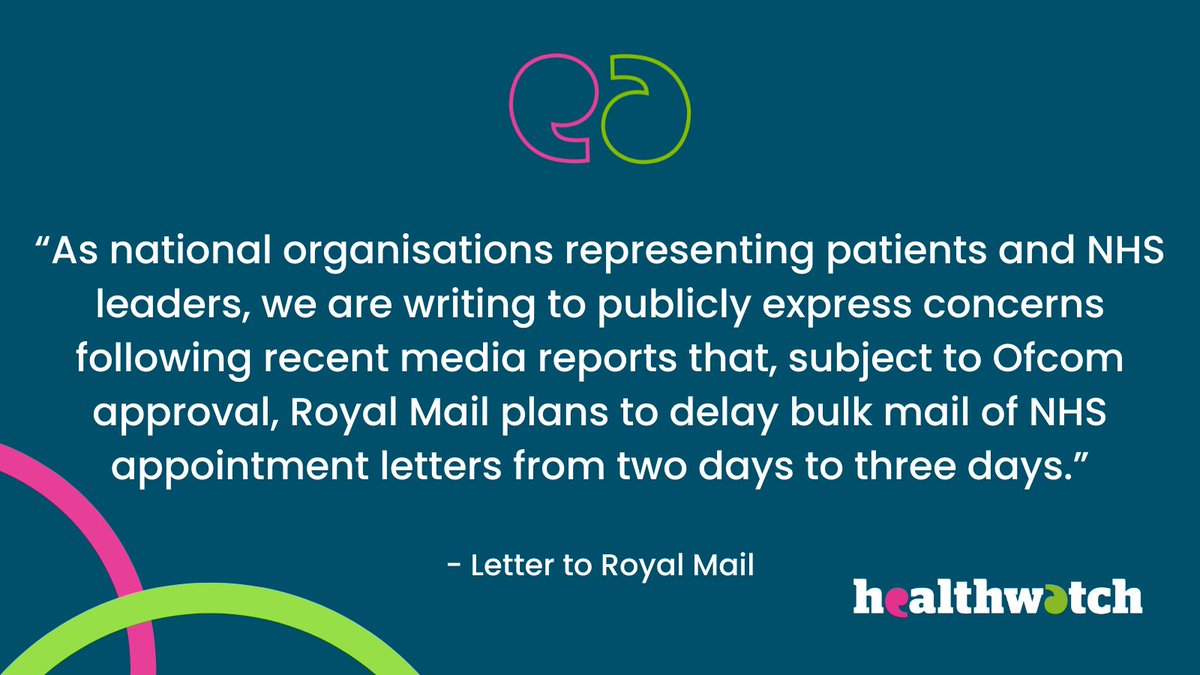 Healthwatch and other organisations representing patients and NHS leaders express concerns over Royal Mail plans to delay bulk mail of NHS appointment letters from two days to three days. Read our full letter to find out more. healthwatch.co.uk/response/2024-…

#NHS #RoyalMail