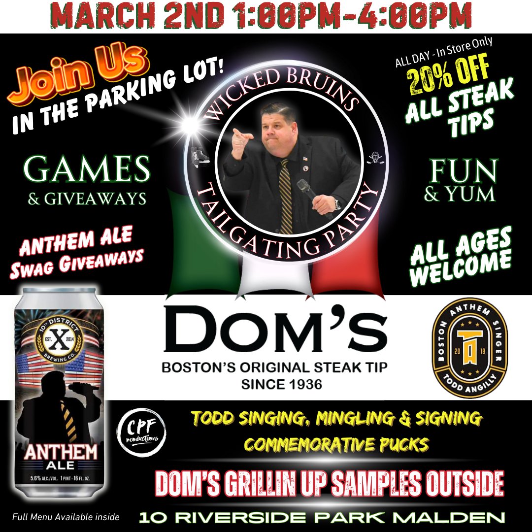 🚨THIS SATURDAY FROM 1-4PM🚨 We’ll see you at Dom’s to enjoy 20% off ALL STEAK TIPS, free food samples, games, giveaways, and a special visit from @todd_angilly! He will be bringing his brand new Anthem Ale, singing, and signing commemorative pucks. 🏒🐻