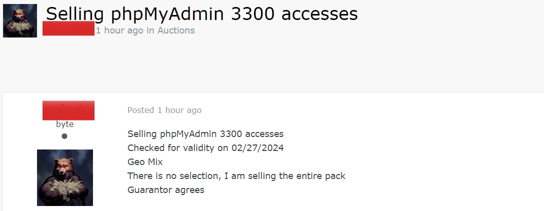 dexpose_io's tweet image. 🚨 Urgent Cybersecurity Alert 🚨 Alleged sale of phpMyAdmin 3300 accesses detected. 

Stay vigilant, protect your data.
-
#phpMyAdmin #DataBreach #DarkWeb #CyberSecurity