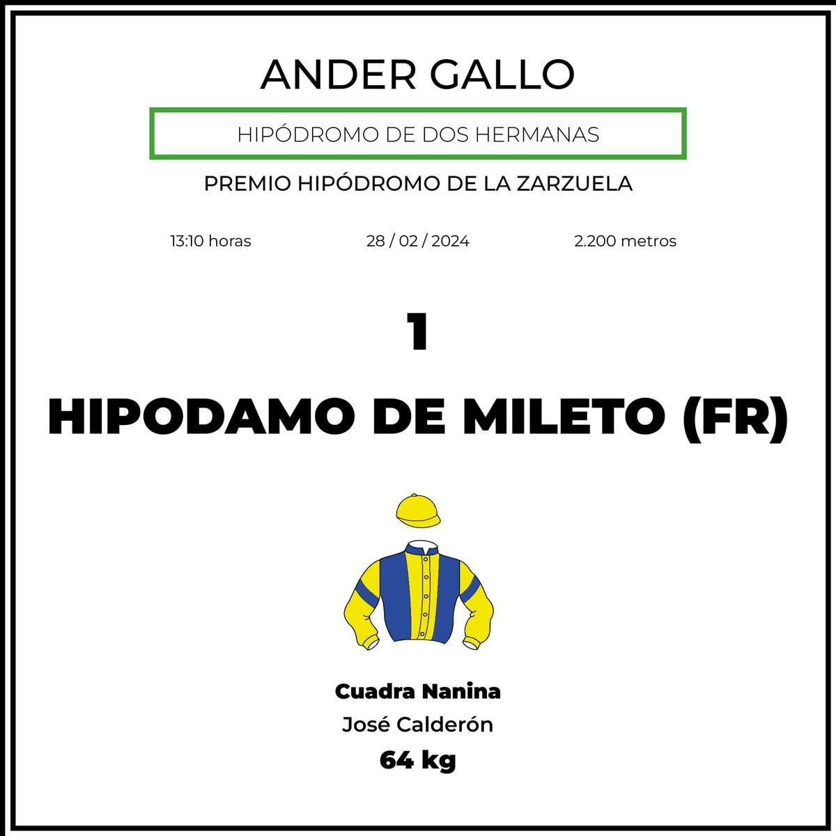 ander_gallo_7's tweet photo. Montas de mañana @GranHipodromo2H 🇪🇸🇪🇸

3° Hipodamo de mileto (13:10) https://t.co/aQbQA5ioQy