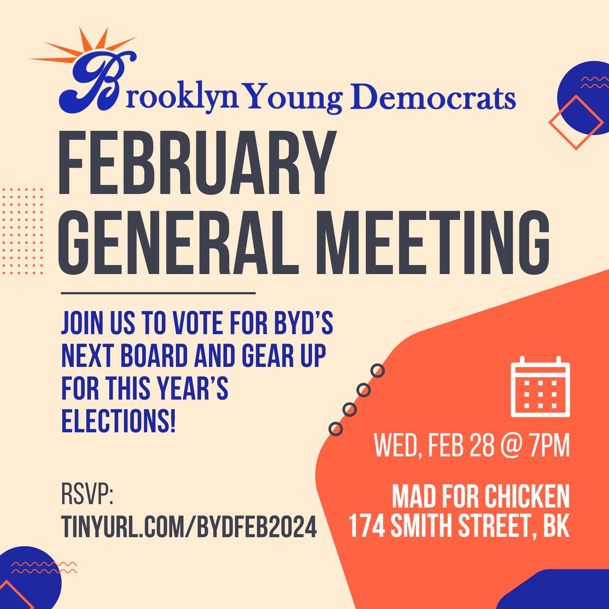 Join BYD on Wednesday to get plugged in to local politics! Meet us in Cobble Hill for our February general meeting. We'll be voting on our next Board of Directors, gearing up for the 2024 elections, and sharing ways to get engaged. RSVP: tinyurl.com/BYDFeb2024