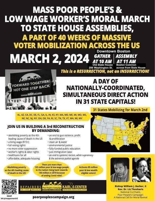 Join us as we come together on March 2 with poor &amp; low-wage workers, faith leaders, partners &amp; allies from across the state to make our demands heard at the State House! We say poverty no more!
Info at bit.ly/mappcmarch2
#PoorPeoplesCampaign #3rdReconstruction