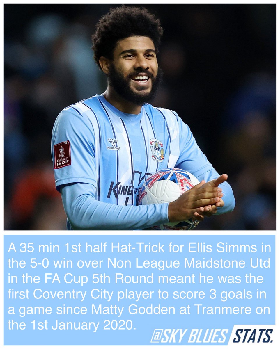 The last 7️⃣ Sky Blues Hat-Trick Hero’s;

23/24 FA Cup - Ellis Simms 
22/23 ❌
21/22 ❌
20/21 ❌
19/20 L1 - Matty Godden
19/20 L1 - Matty Godden 
19/20 EFL Trophy - Max Biamou 
18/19 ❌
17/18 L2 - Marc McNulty 
17/18 L2 - Marc McNulty
17/18 L2 - Jodi Jones 

🐘#PUSB