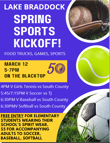 Join us on March 12! <a href="/FCPSLBSS/">Lake Braddock SS</a> <a href="/LBSSboyssoccer/">LB Boys Soccer</a> <a href="/SoccerLB/">LB Soccer</a> <a href="/ThatPurpleTeam/">Lake Braddock Softball</a> <a href="/BraddockBall/">Lake Braddock Baseball</a> <a href="/bruins_atp/">LB Athletic Training</a> <a href="/bruin_boosters/">Bruin Boosters - Lake Braddock</a> <a href="/LBathletic/">LB Bruins Athletics</a> <a href="/KingsGlenES/">Kings Glen ES</a> <a href="/CherryRunES1/">Cherry Run ES</a> <a href="/WhiteOaksES/">White Oaks</a> <a href="/kingsparklions/">Kings Park Elementary School</a> <a href="/RavensworthES/">Ravensworth ES</a>