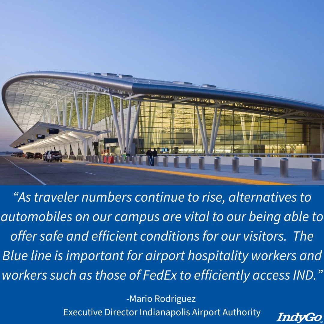 Why is the Blue Line Essential? Our world-class airport deserves world-class bus rapid transit for visitors and employees to quickly travel to and from the airport. #TransitIsEssential indygo.net/transit-is-ess…