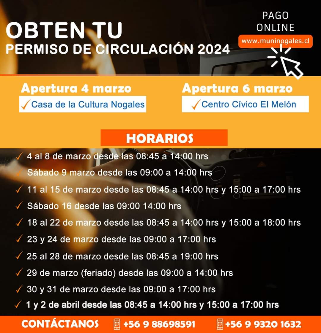 ➡️ ¡ Ya comenzamos con el proceso de renovación de los Permisos de Circulación 2024!

➡️ De manera presencial y por esta semana podrás realizar el trámite en la Unidad de Tránsito de 09.00 a 14.00 horas