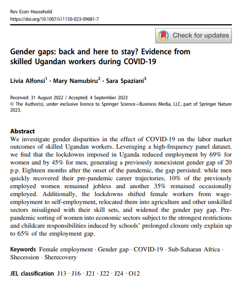 Nshakira Rukundo (@lukusem) on Twitter photo Recent paper by <a href="/livia_alfonsi/">Livia Alfonsi</a> <a href="/SpazianiSara/">Sara Spaziani</a> and Mary Namubiru shows that 18 months after the covid-19 lockdowns were lifted in Uganda, 10% of previously employed women remained unemployed, 35% partially employed. Gender pay gap increased. Recent paper by <a href="/livia_alfonsi/">Livia Alfonsi</a> <a href="/SpazianiSara/">Sara Spaziani</a> and Mary Namubiru shows that 18 months after the covid-19 lockdowns were lifted in Uganda, 10% of previously employed women remained unemployed, 35% partially employed. Gender pay gap increased.