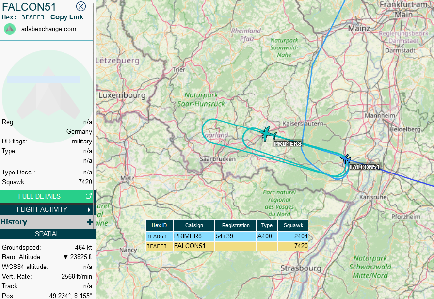 SirListenalot's tweet photo. German #A400M #3EAD63 #PRIMER8 refueling four TLG74 #EUFI Eurofighter out of Neuburg. Tail numbers 306(0?), 3076, 3120, 3135 https://t.co/KCYOcH2NHW