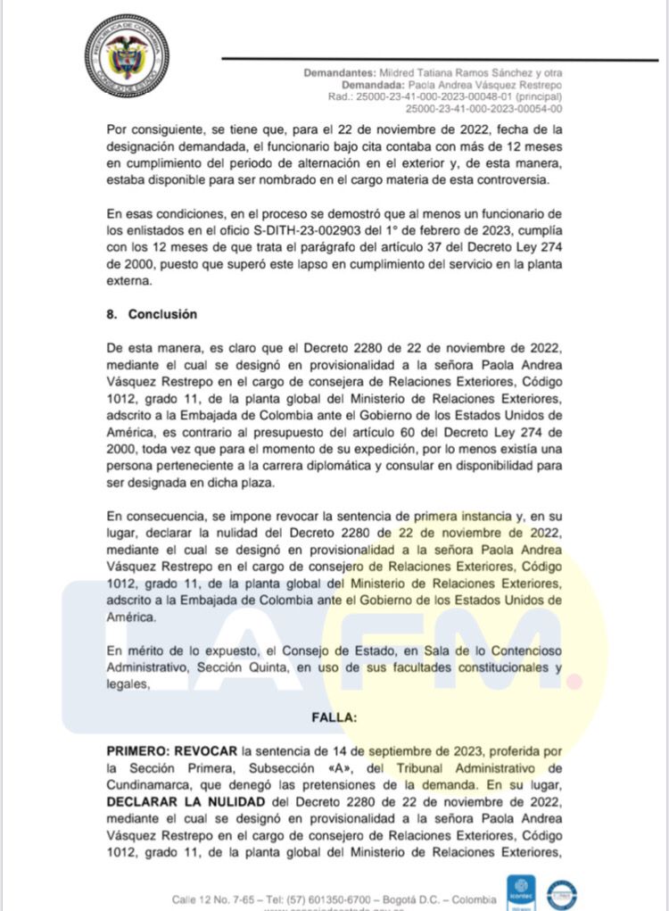 #PrimeroLaFM | La secretaria encargada en la Cancillería, Paola Vázquez, tiene una orden por parte del Consejo de Estado de anular su nombramiento como consejera ante la embajada de EE.UU. La orden está desde diciembre de 2023 tras una demanda que alega que no cumple con los…