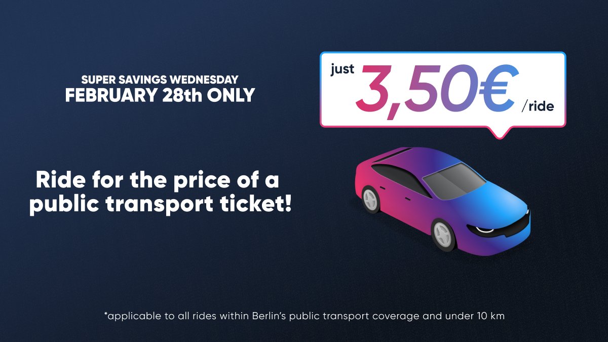 Crazy discounts? Crazy not to get them 😍
3.50 EUR for all Bliq rides on Wednesday, 28th of February. Like BVG, but without risk of strikes. Going to work? Date? Shopping? #getaBliq - it pays off 💶