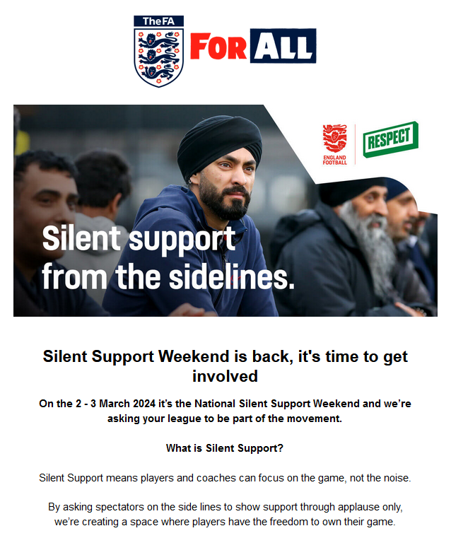 Don't forget this weekend is Silent Support Weekend ⚽ Too often, there are too many voices from the touchline, too many opinions, and too much unnecessary distraction. #wrgfl #westridingfa #silentweekend #thefaforall #football #grassrootsfootball #girlsfootball @WestRidingFA