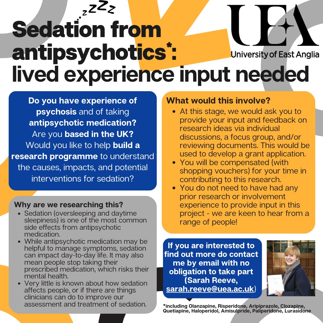 Seeking lived experience folks for developing research ideas aroud sedation in psychosis - more info below. No prior experience required and compensation for time offered. Please circulate and get in touch if eligible and interested!