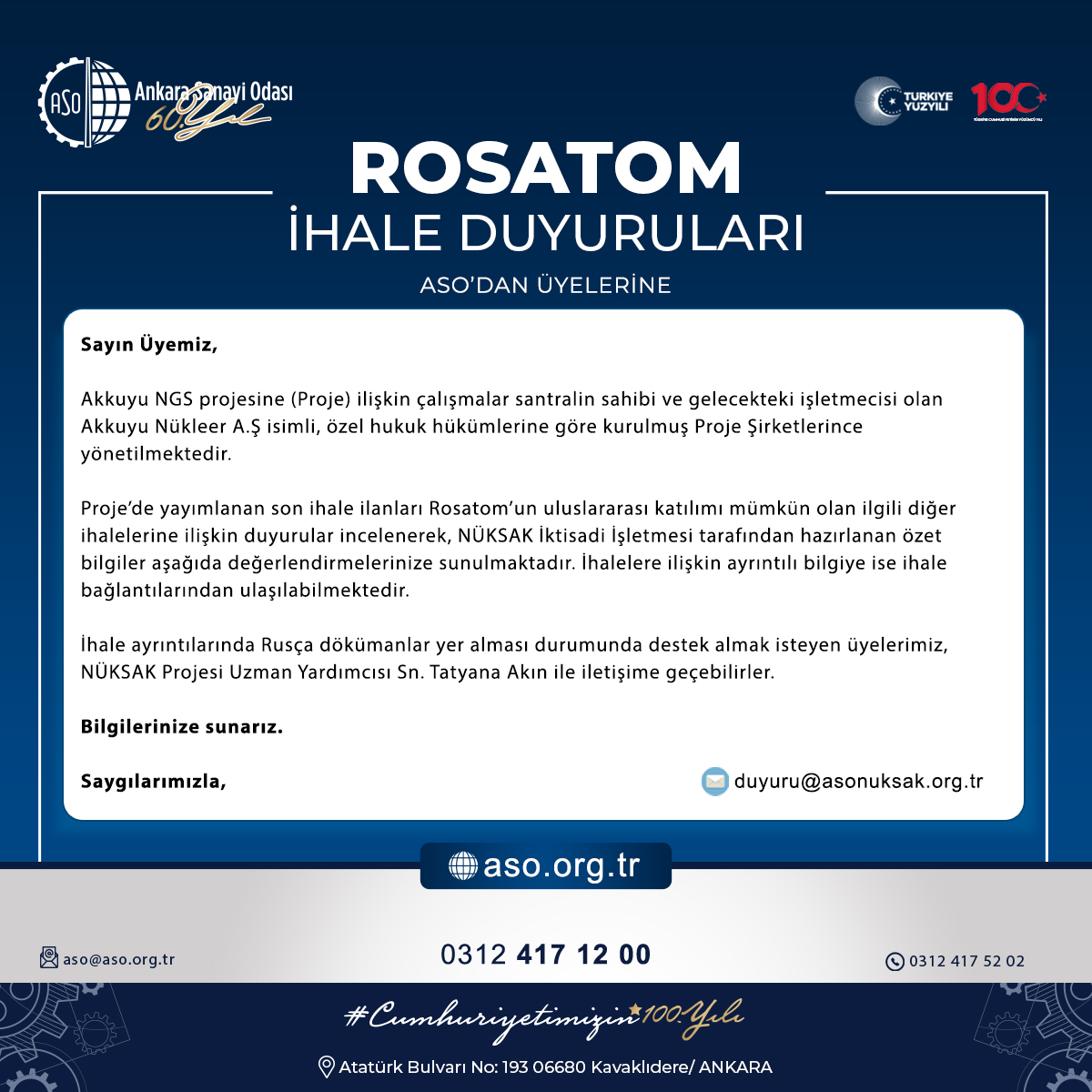 ASO'dan Üyelerine Rosatom İhale Duyuruları...                    

19.02.2024-23.02.2024 aralığındaki ihale duyuruları hakkında detaylı bilgi için tıklayınız.

aso.org.tr/post/rosatom-i…

<a href="/ASOKurumsal/">Ankara Sanayi Odası</a>