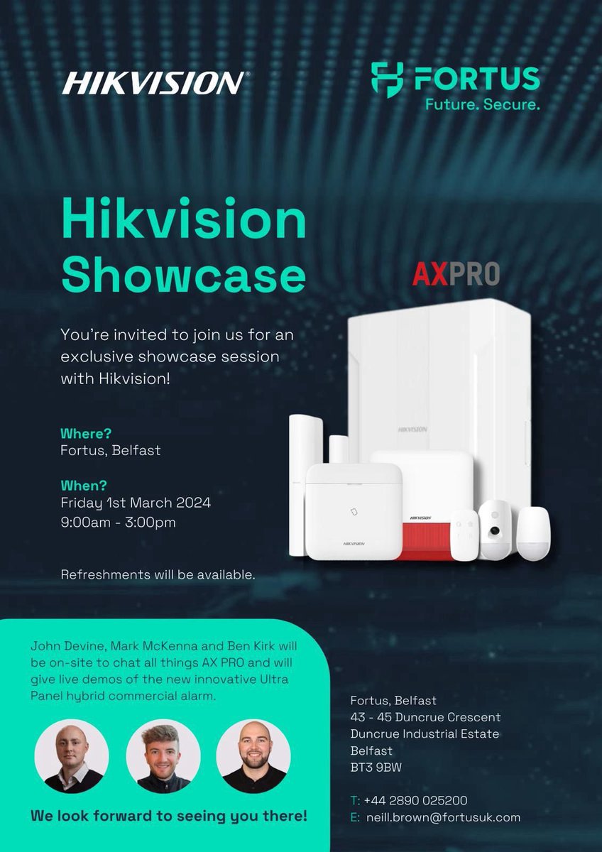 To celebrate the launch of the NEW Hikvision AX PRO Ultra Panel, we're inviting you to spend the day at Fortus, Belfast for our Hikvision Showcase on Fri 1st March!🙌 Come along, meet the team, and enjoy the day! 💚 #FutureSecure #Hikvision #AXPRO #AlarmSystems