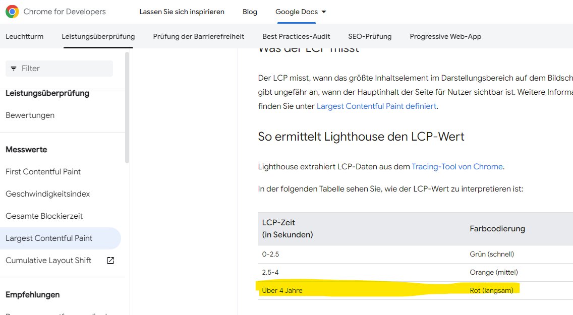 4 Jahre auf das Seitenrendering warten - das wäre mir wirklich auch zu langsam 😂 developer.chrome.com/docs/lighthous… #lcp #lighthouse #CWV #SEO