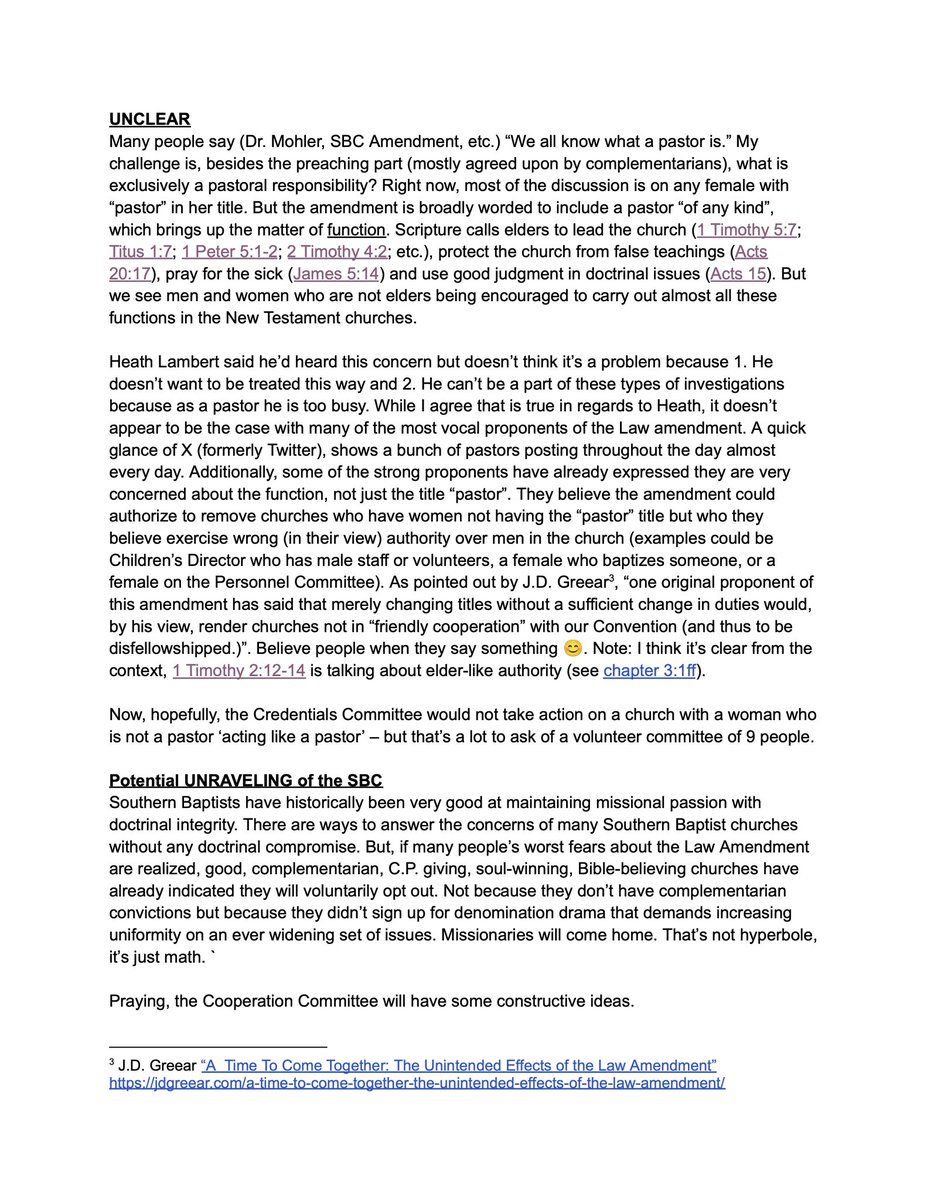 The Law Amendment is UNDERSTANDABLE, but UNNECESSARY, UNCLEAR, and potentially the UNRAVELING of the Southern Baptist Convention. #sbc #lawamendment