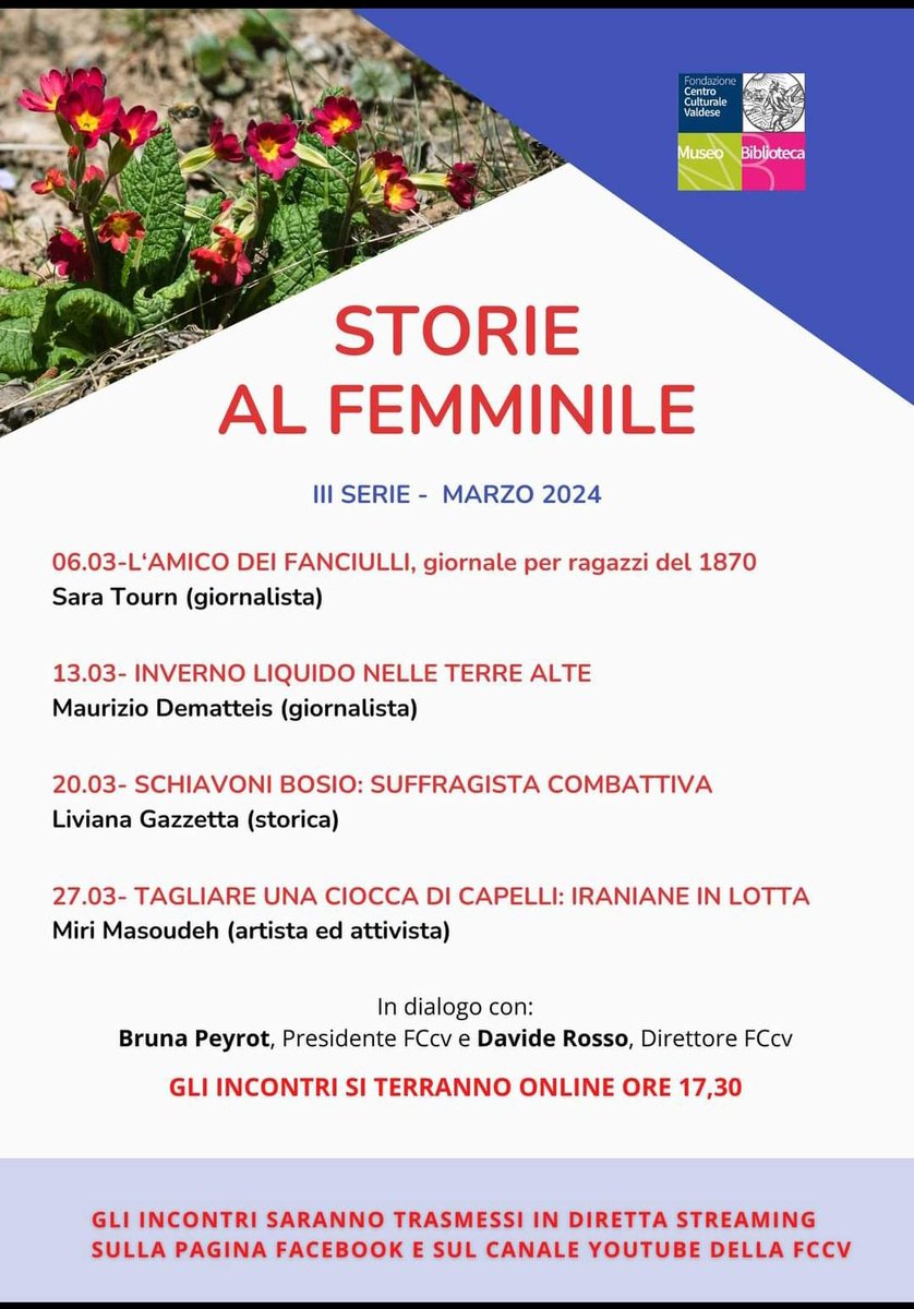 Dal 6 marzo riprendono gli appuntamenti online organizzati dalla <a href="/Ccv_Valdese/">CCV museo valdese</a> sul tema: STORIE AL FEMMINILE.
Gli incontri si possono seguire alle 17,30 sulla pagina Fb o sul canale Youtube della Fondazione Centro culturale valdese. 
🌐 fondazionevaldese.org