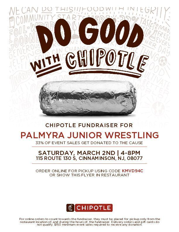 We are #PalmyraProud of our Palmyra Wrestlers! The Palmyra Junior Wrestling team is hosting a fundraiser this weekend at Chipotle in Cinnaminson and they are hoping that you'll Dine & Donate! Saturday, March 2nd from 4-8pm  ONLINE CODE: KMVD94C or show the flyer in the restaurant