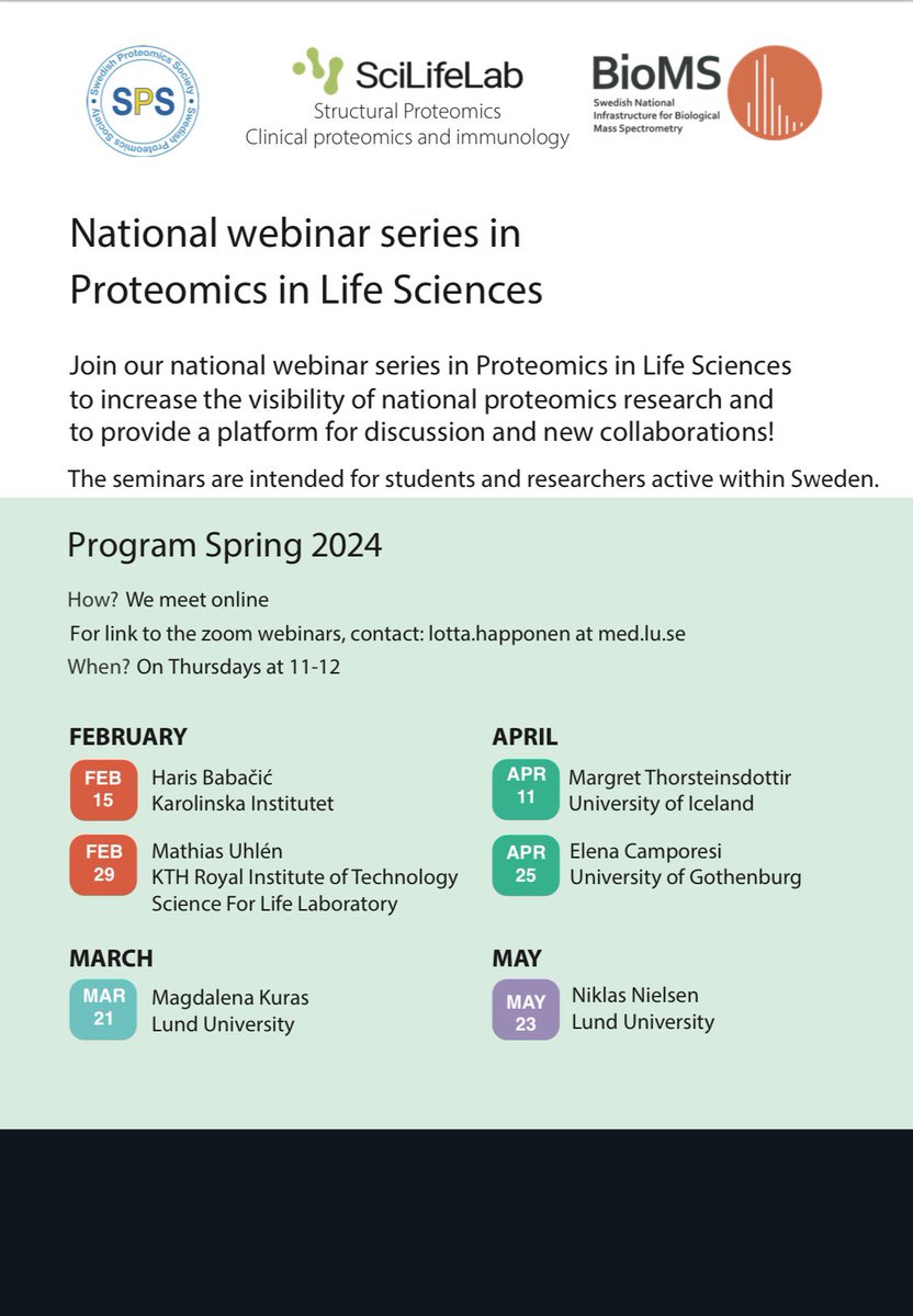 SwedishProtSoc's tweet image. Do not miss our webinars in Proteomics in Life Science!
The presentation Thursday this week 29/2 at 11 is held by Mathias Uhlén (KTH, SciLifeLab) on the topic of "Mapping the human proteome with antibodies and mass spectrometry".