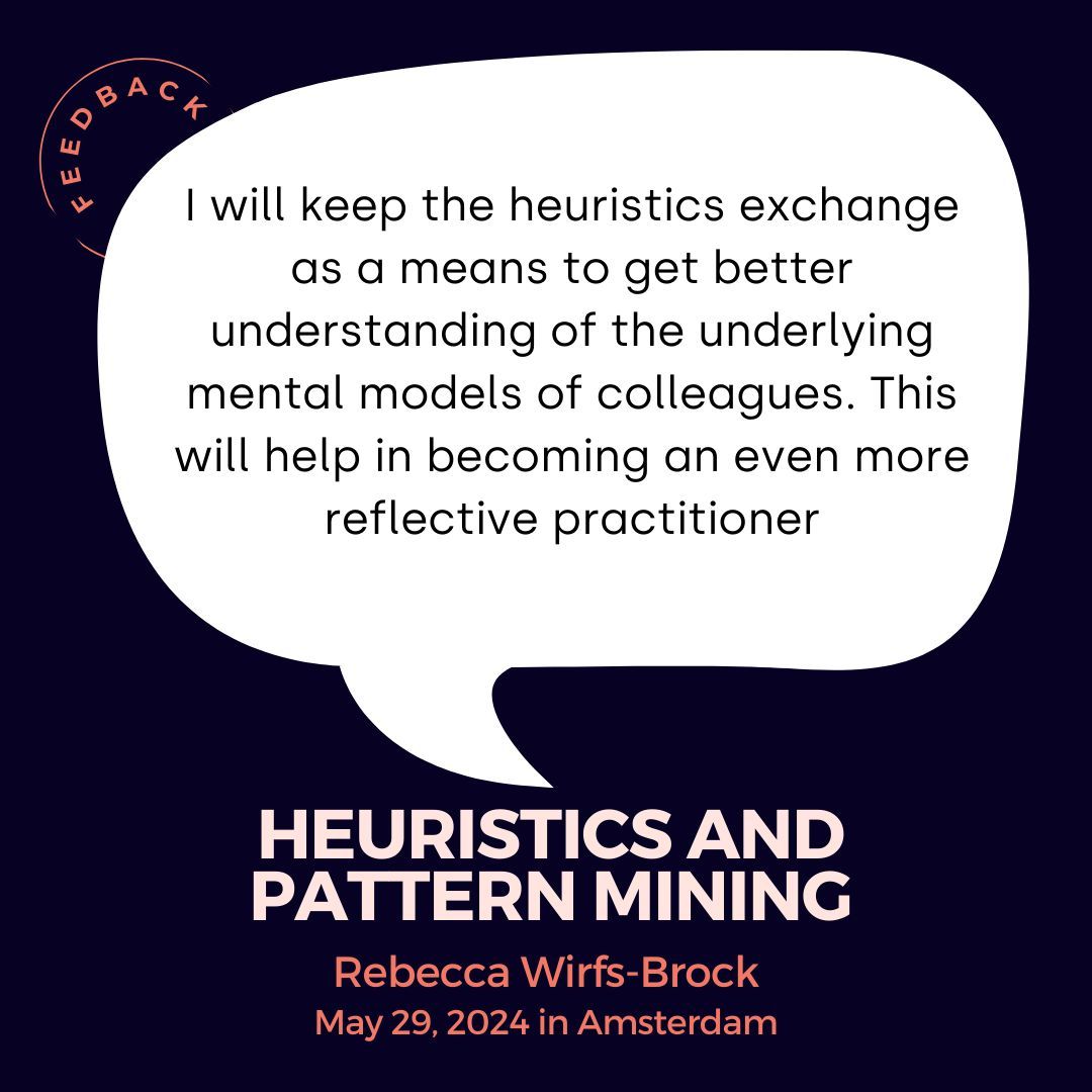 Join this workshop with Rebecca Wirfs-Brock during the #DDDEU24 week in Amsterdam: buff.ly/4bAIbR6 Everyone has valuable design knowledge worth sharing and the potential to share that knowledge more broadly through written patterns, pattern collections and heuristics.