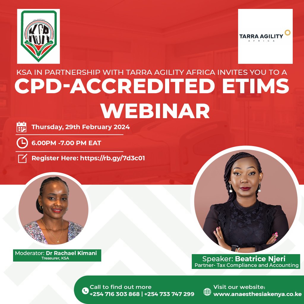 Join us this Thursday, 29th February for an enlightening webinar on ETIMS, brought to you in partnershop with Tarra AGility Africa. Register on the link: us02web.zoom.us/meeting/regist…