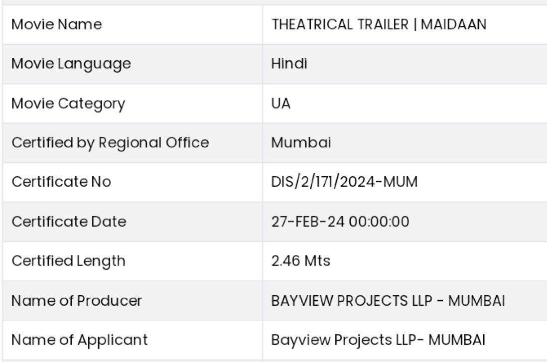 #MaidaanTrailer certified ''U/A'' by CBFC 🔥

Trailer Length- 2.46 minutes

#AjayDevgn starrer #Maidaan to release on Eid 2024