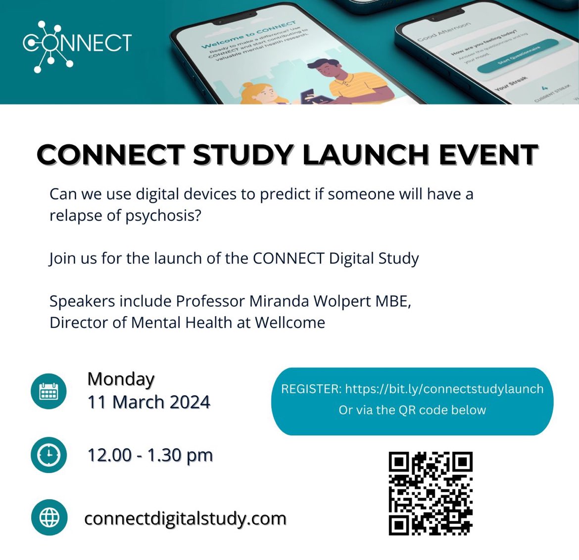Can we use electronic devices to predict if someone will have a relapse of psychosis? Join Professor Sandra Bucci &amp; team for the launch of the CONNECT Digital study.
Monday 11 March
Time: 12-1.0pm
Online - register here: Please register for this event at  bit.ly/connectstudyla…