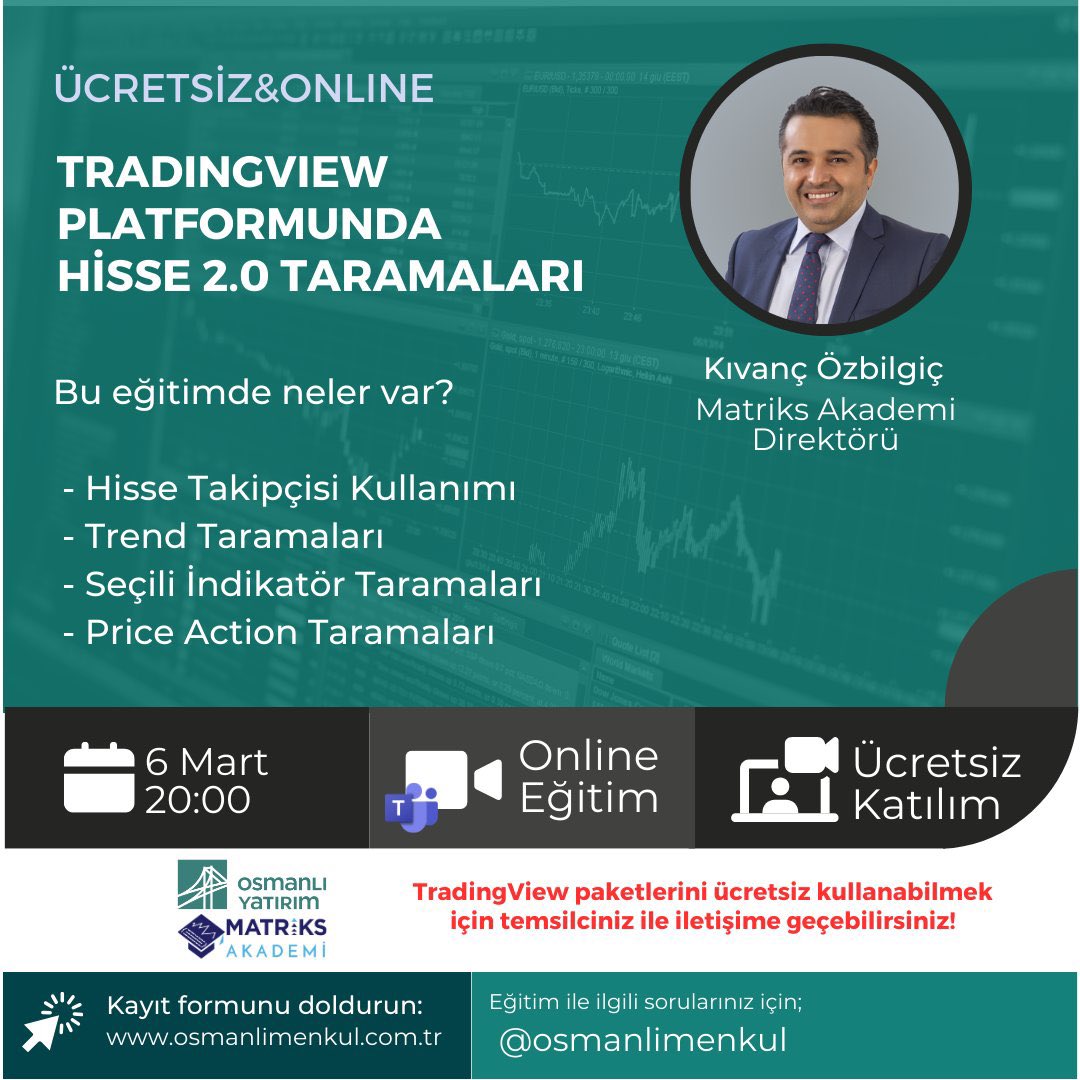 🚨TRADINGVIEW TARAMA EĞİTİMİ🚨 📅6 MART ÇARŞAMBA 🕗20.00 @osmanlimenkul @kivancozbilgic Herkesin katılımına açık ONLINE & ÜCRETSİZ EĞİTİM @tradingview Hisse Takipçisi 2.0 taramaları. 🚨TRADINGVIEW TARAMA EĞİTİMİ🚨 Link : osmanlimenkul.com.tr/finansal-planl…