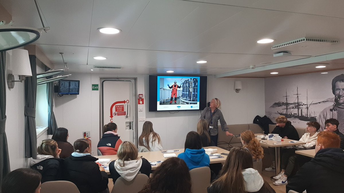 Dr. Caroline Cusack walks @MarineInst #TY2024 students through typical activities on board the #RVCelticExplorer during Oceanographic and Climate Services research cruises.