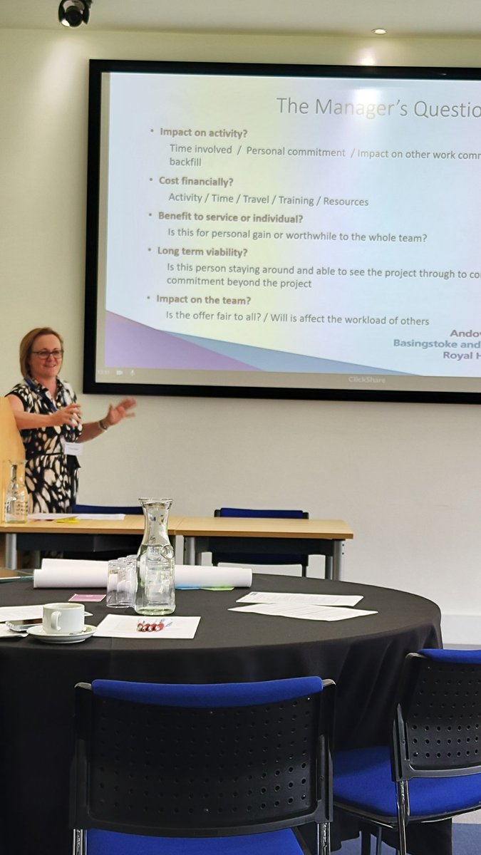 Next, important questions from the managers point of view

❓Impact on clinical activity
❓Financial costs
❓Benefit to person or service
❓Long term viability
❓Impact on the team

Emma Potter shares her experience from the managers point of view