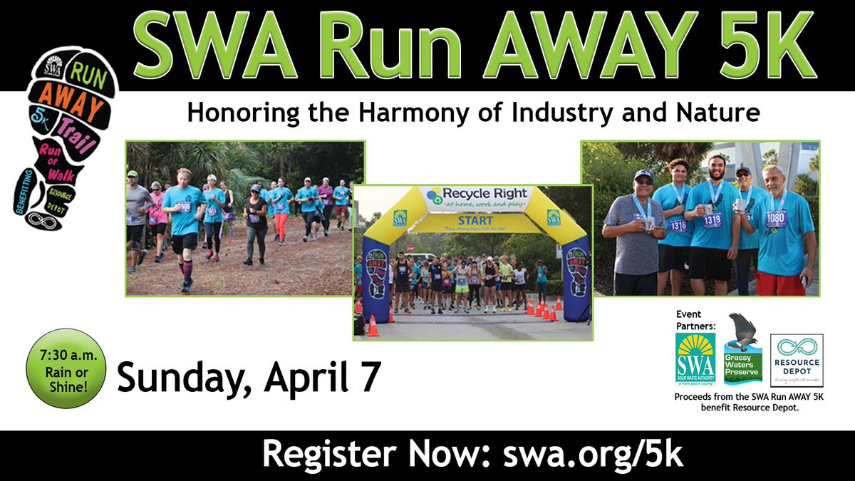 SWAPBC (@swapbc) on Twitter photo The #SWA Run AWAY #5K is Sunday, Apr. 7, at 7:30 a.m. Run or walk the SWA Greenway Trail System and witness industry meeting nature. All proceeds support <a href="/resourcedepot/">Resource Depot</a>.
Learn More: swa.org/CivicAlerts.as…
Contact 561-697-2700 or contactcis@swa.org; SWA won't reply here. The #SWA Run AWAY #5K is Sunday, Apr. 7, at 7:30 a.m. Run or walk the SWA Greenway Trail System and witness industry meeting nature. All proceeds support <a href="/resourcedepot/">Resource Depot</a>.
Learn More: swa.org/CivicAlerts.as…
Contact 561-697-2700 or contactcis@swa.org; SWA won't reply here.