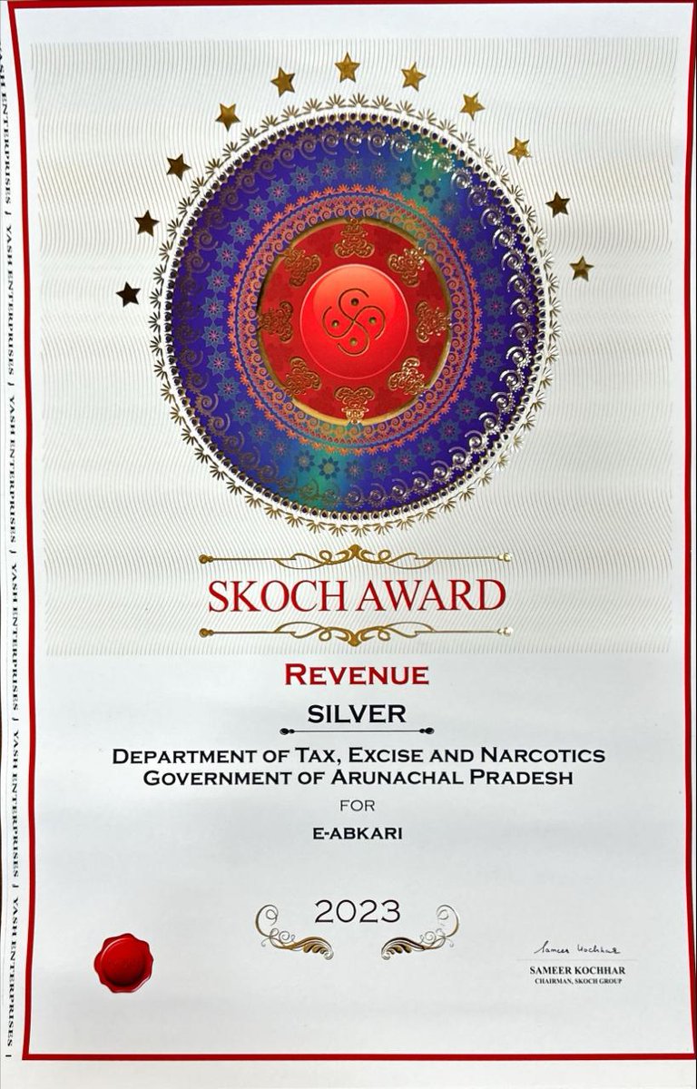 MyGovArunachal's tweet photo. Congratulations to the Department of Tax, Excise &amp; Narcotics, GoAP, for the e-Abkari Project qualifying for the prestigious #SkochOrderofMerit.

Kudos to the Dept. as well for the Silver Skoch Award in the Revenue category. https://t.co/e1YLvCGCuL