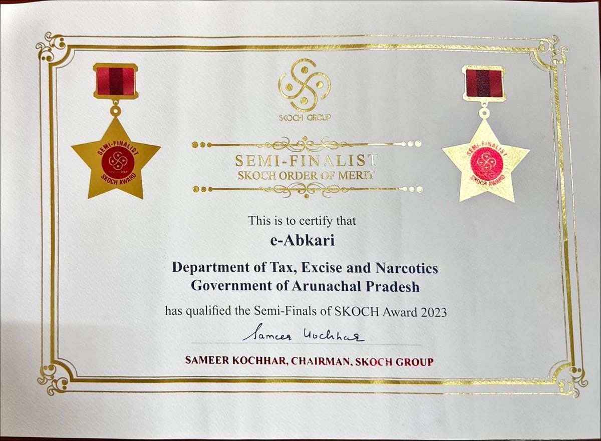MyGovArunachal's tweet photo. Congratulations to the Department of Tax, Excise &amp; Narcotics, GoAP, for the e-Abkari Project qualifying for the prestigious #SkochOrderofMerit.

Kudos to the Dept. as well for the Silver Skoch Award in the Revenue category. https://t.co/e1YLvCGCuL