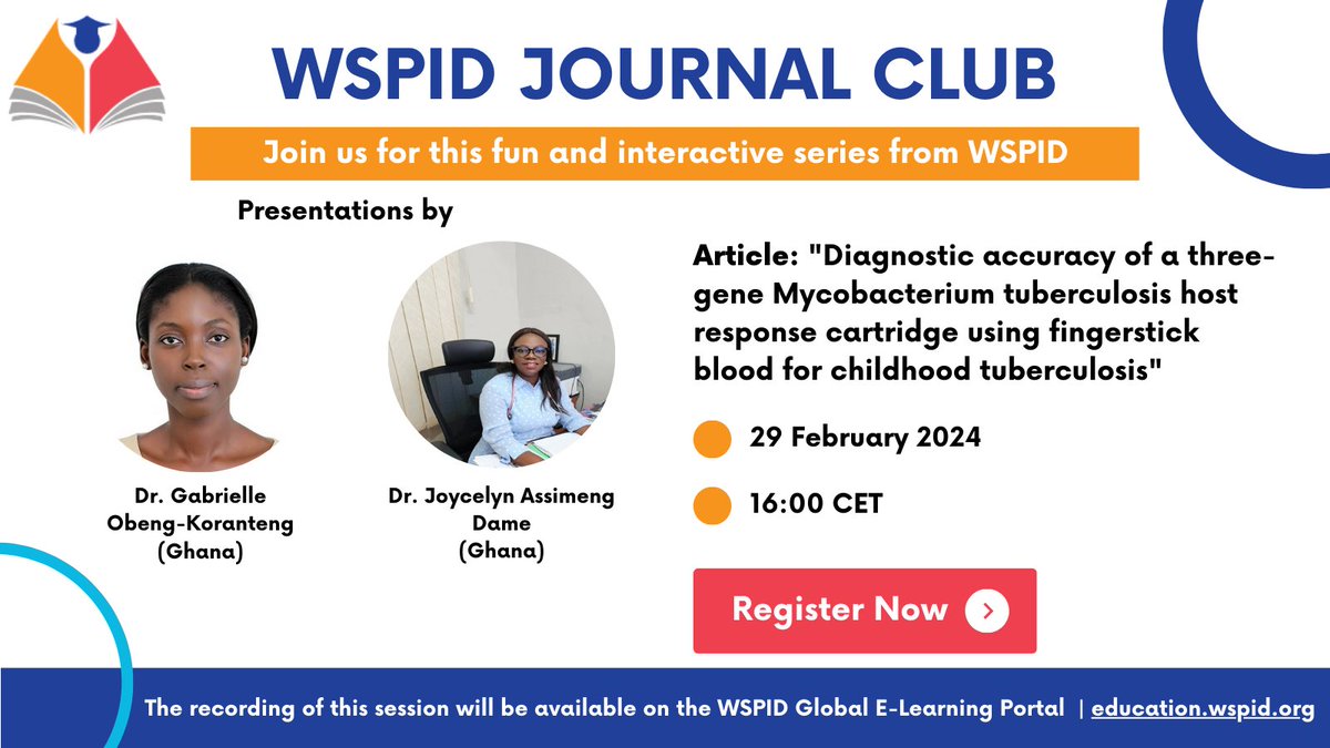 ⚠️You still have time to join us for tomorrow's #WSPIDJournalClub!
Learn more: bit.ly/3woCkhx

📅Date: 29 February 2024
⏰Time: 16:00 CET
📖Read the article: bit.ly/3HYFE5O

REGISTER NOW! 👉 bit.ly/3wjKmIQ

#WSPID #Education #Pediatric #Tuberculosis