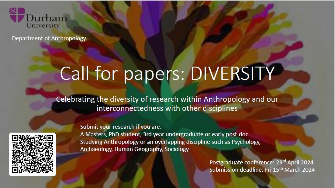 🎉Really honoured to give a keynote at @durham_uni's #Anthropology PGR conference this year. #CfP! Will be a great space for ECRs - undergraduate to post-doc - to meet & discuss themes of #Diversity in our research. Social scientists & human geographers (like myself🙂) welcome!⬇️