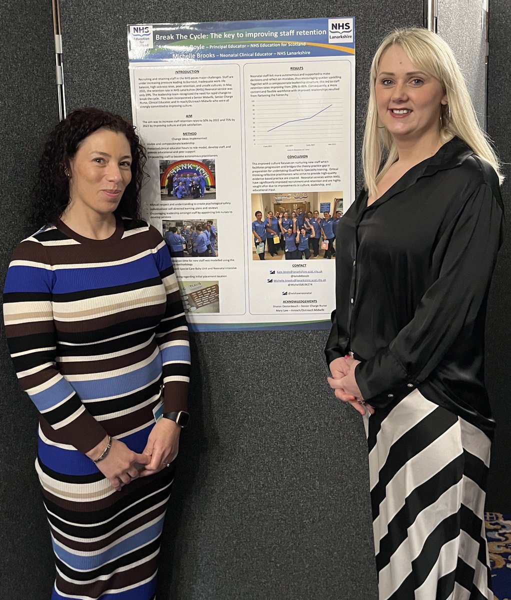 Proud to be standing with @Michell58196274 at @bapm #SpringConference with our poster ‘Break the cycle: The key to improving staff retention’ around the work happening in @wishawneonatal @Cheryl__79 @ScotPerinatal @ScotNeoNurses @tom0mcewan @Sharonooster