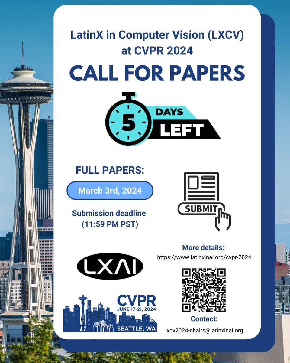🚨 Deadline Alert 🚨 Only 5 days left to submit your work to the LatinX in CV Workshop at <a href="/CVPR/">#CVPR2025</a> 2024! 🌟 Don't miss the chance to showcase your research, connect with top experts, and be part of a vibrant community! 🌐 #CVPR2024 #CallForPapers
Details: buff.ly/3Syl29o