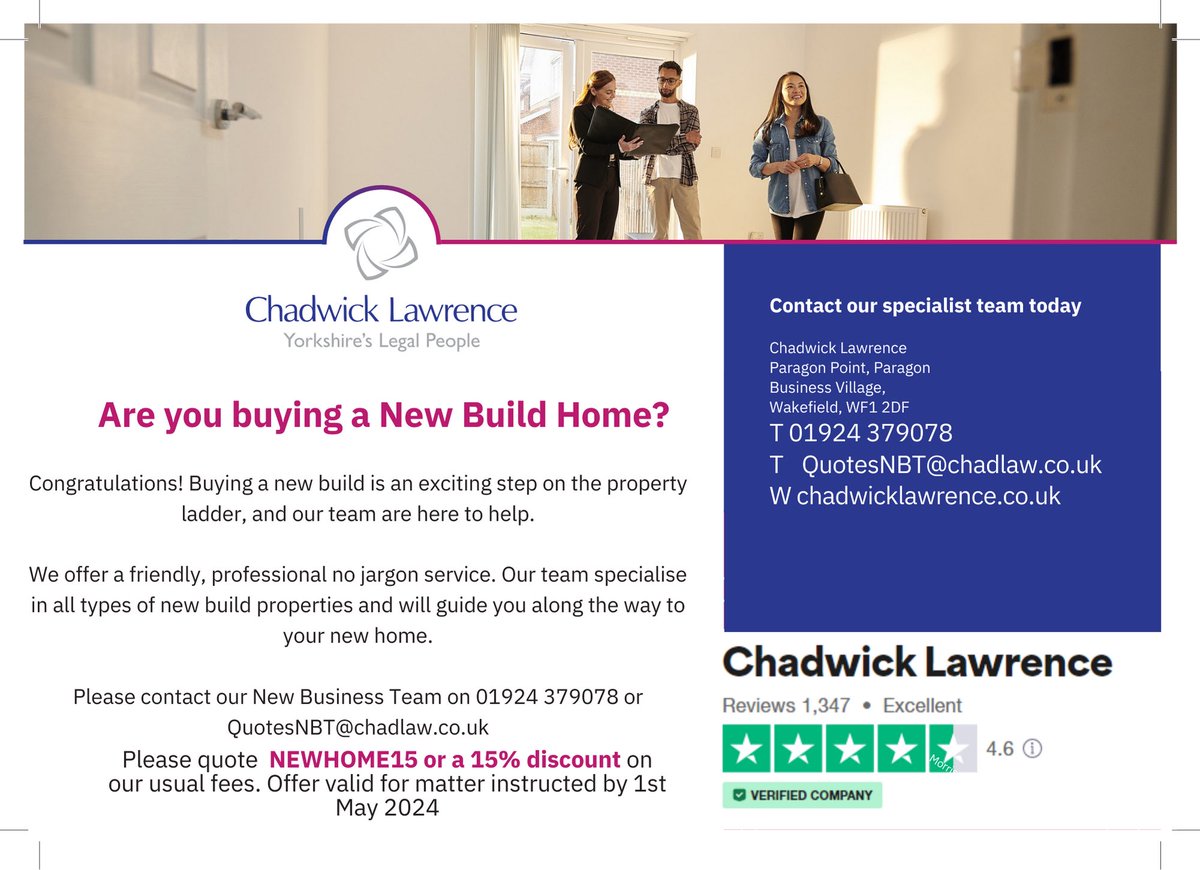 In support of #NewHomesWeek and @newdashhomes the team @YorkshireLegal are offering 15% to buyers of #newbuild properties! Use the code below 👇 for a discount on our fees 🏡 

#newbuild #newhome