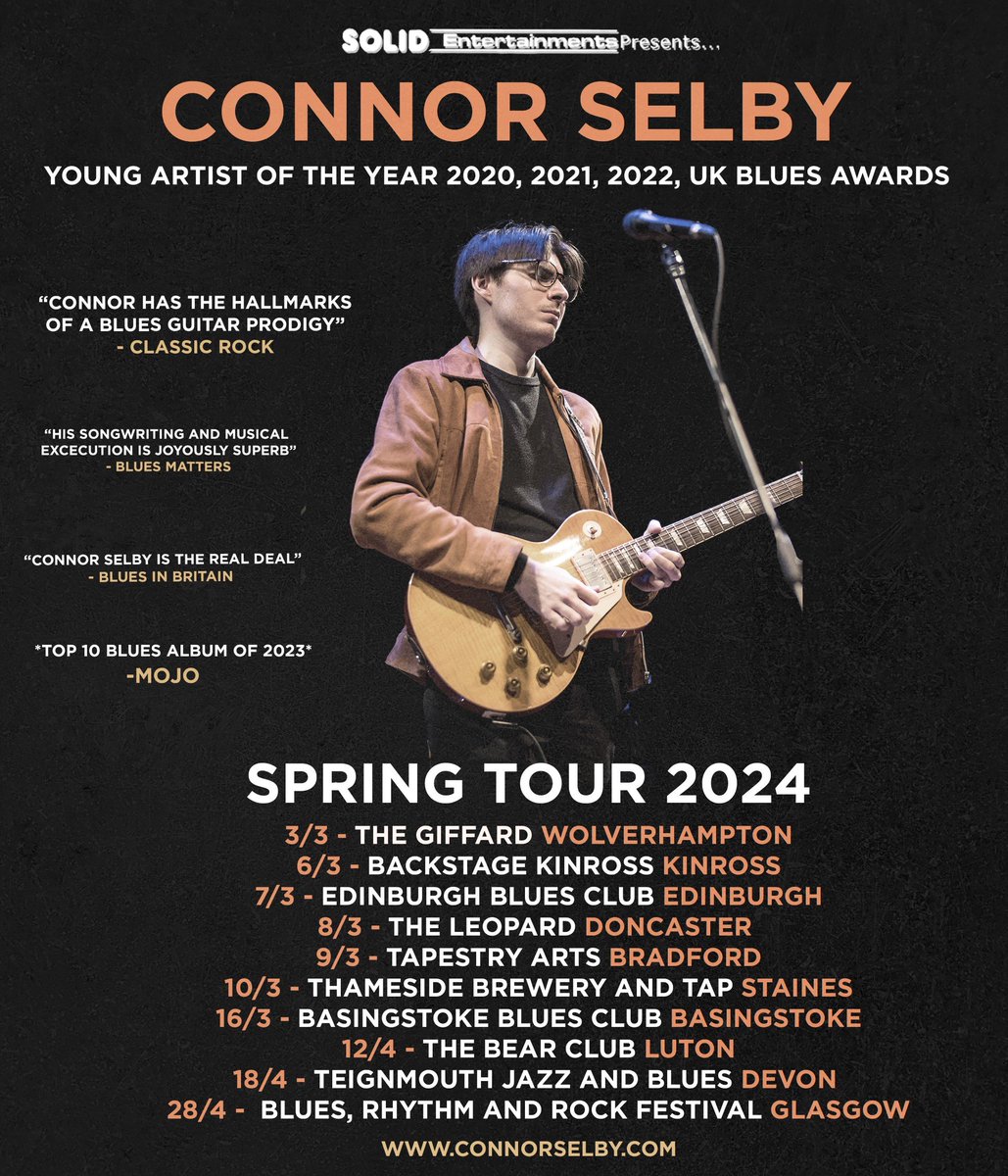 Get ready UK blues fans! Connor Selby is hitting the road this week for his 2024 Spring tour and you do not want to miss it!  

Photo credit Graham Hutton Photography

Ticket link below 👇 

solidentertainments.com/presents.htm#C…

 #UKBlues