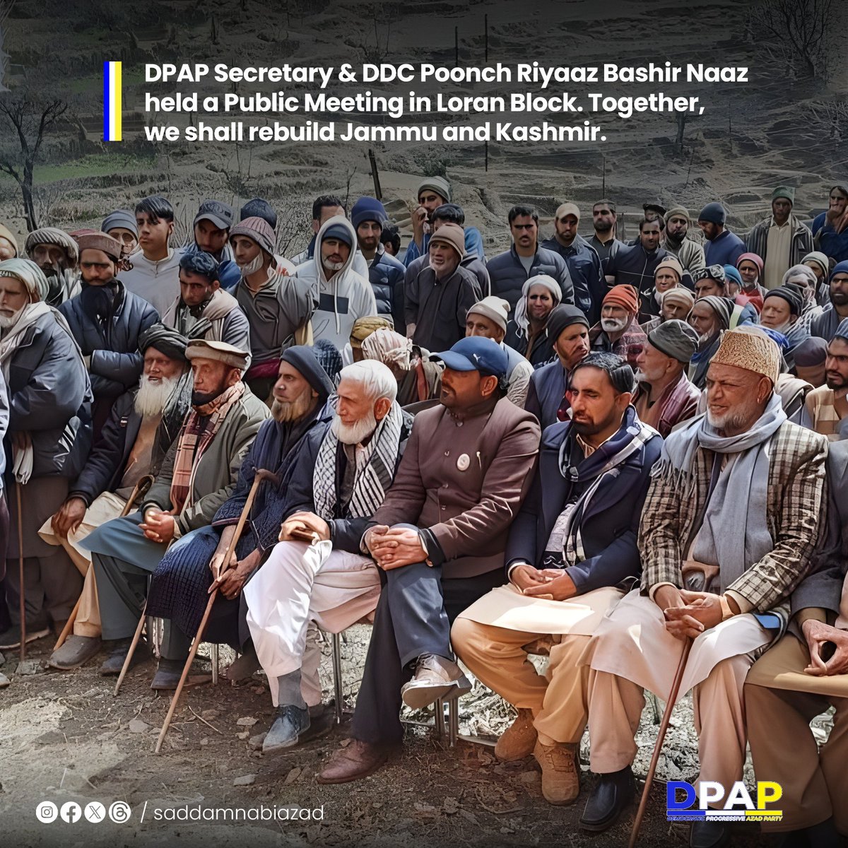 SaddamNabiAzad's tweet photo. At the recent public meeting in Loran Block, led by DPAP Secretary & DDC Poonch, @naaz_bashir, the enthusiastic welcome he received from the community highlighted the deep trust and optimism our people have in Jenab @ghulamnazad's vision for Jammu and Kashmir. The event was a clear indication of our collective desire for progress and prosperity. Together, we shall rebuild Jammu and Kashmir.
#JammuAndKashmir #RebuildJammuAndKashmir