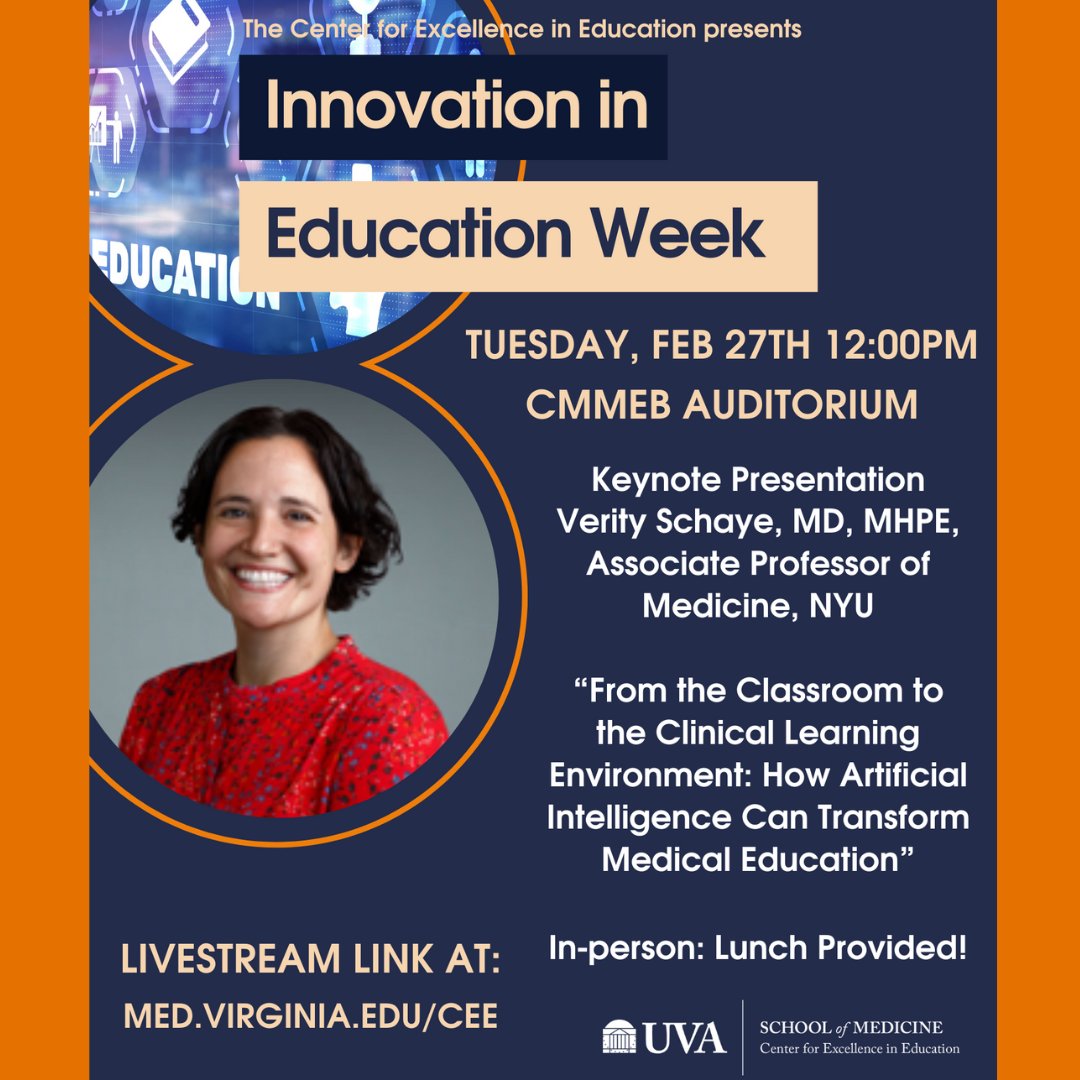 Innovation in Education Week is off to a great start! Today’s main event: Keynote Presentation: “From the Classroom to the Clinical Learning Environment: How Artificial Intelligence Can Transform Medical Education”. Lunch provided to the first 50 guests.