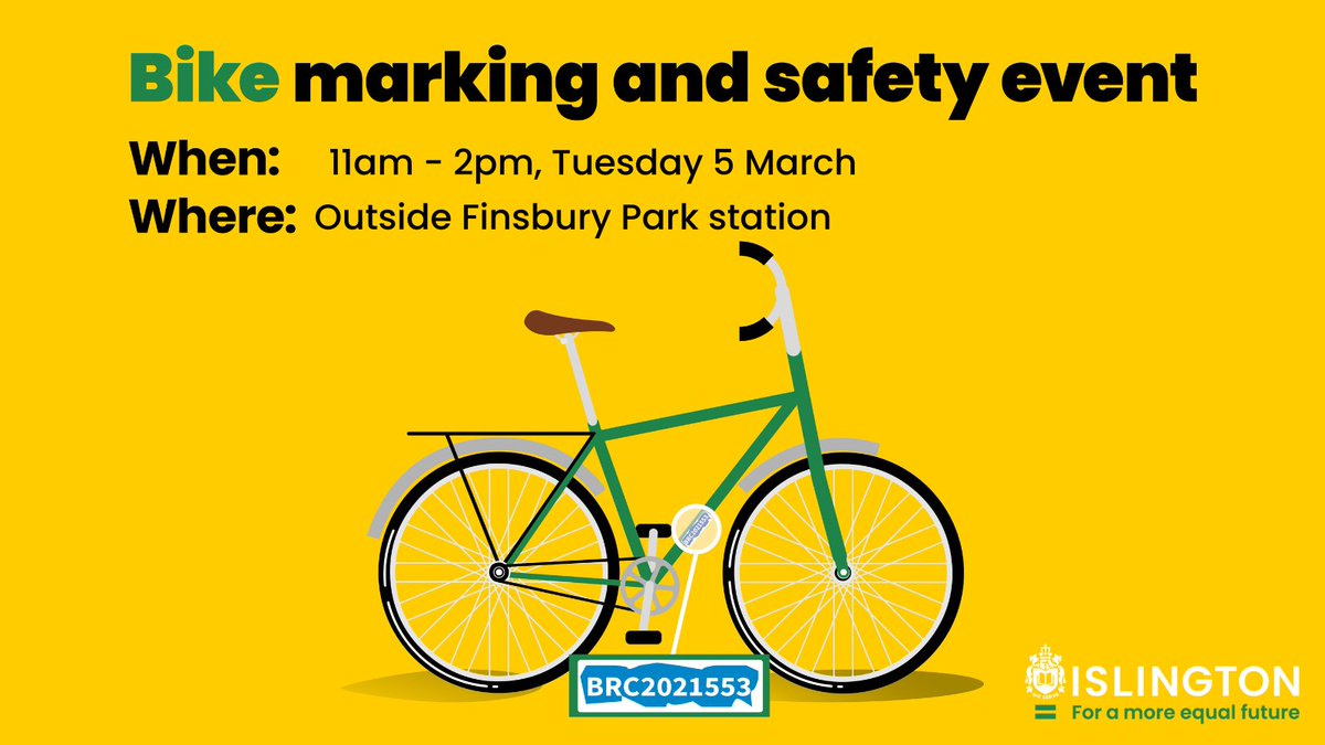 🚲 Get your bike marked and registered! It's a deterrent to thieves and increases the chance of your bike being returned if it is stolen. You can also have your bike checked for free! There's no need to book - just cycle over to #FinsburyPark station on Tuesday 5 March, 11am-2pm.