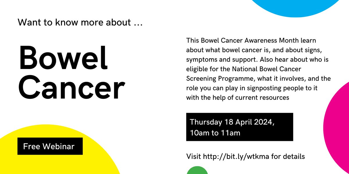 PHRCLeeds's tweet photo. #WTKMA Bowel cancer 
Thursday 18 April 2024 at 10am

Join @Leeds_Health_ and #PublicHealth to learn about signs and symptoms of bowel cancer, the National Bowel Cancer Screening Programme, and how professionals can signpost people to it 

Visit https://t.co/fOJ3d5KYzo for details https://t.co/2nOLzHStIK